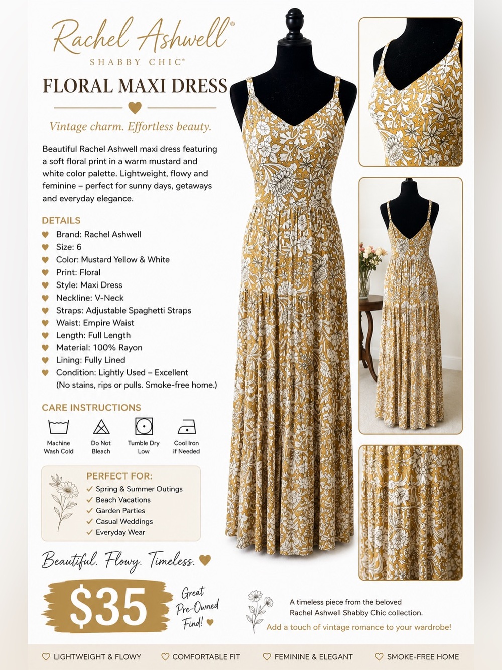 Rachel Ashwell Mustard Yellow & White Floral Maxi Dress - Picture 1 of 6